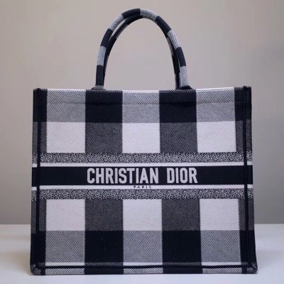 Dior Book Tote Bag In White/Black Check Embroidered Canvas LDBS240127