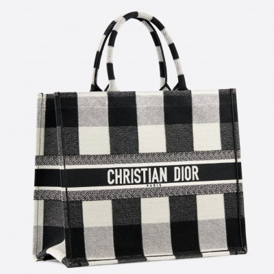 Dior Book Tote Bag In White/Black Check Embroidered Canvas LDBS240127