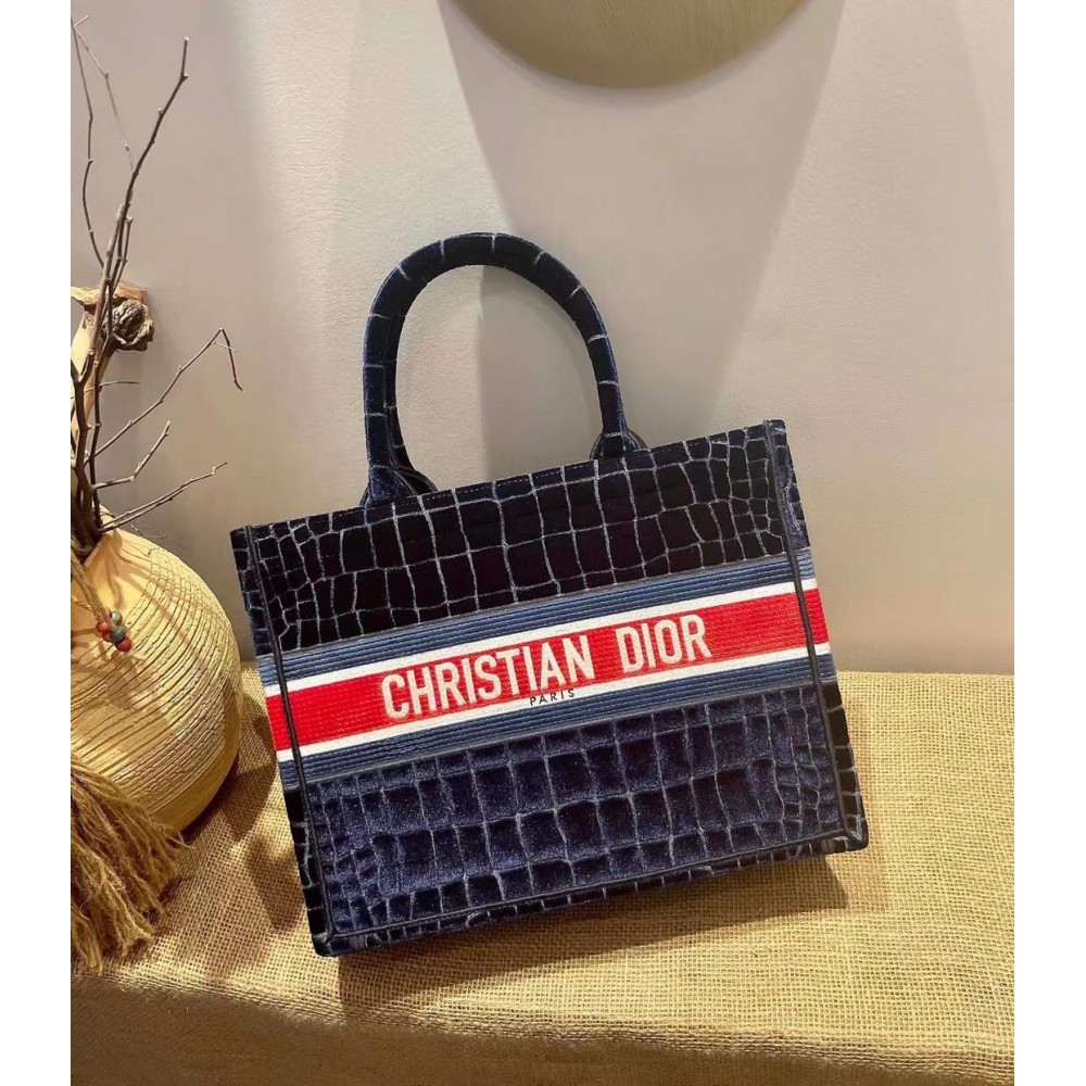 Dior Book Tote In Blue Crocodile-Effect Embroidered Velvet LDBS240132