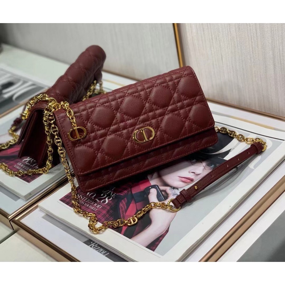 Dior Caro Belt Pouch with Chain In Bordeaux Calfskin LDBS240146