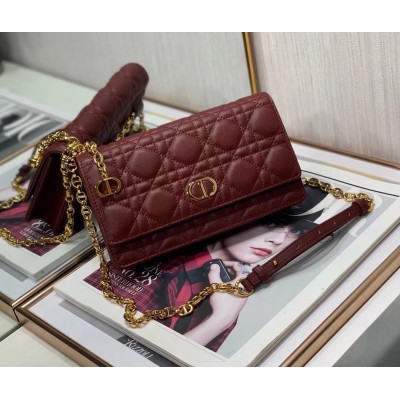 Dior Caro Belt Pouch with Chain In Bordeaux Calfskin LDBS240146