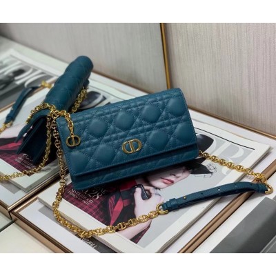 Dior Caro Belt Pouch with Chain In Steel Blue Calfskin LDBS240148