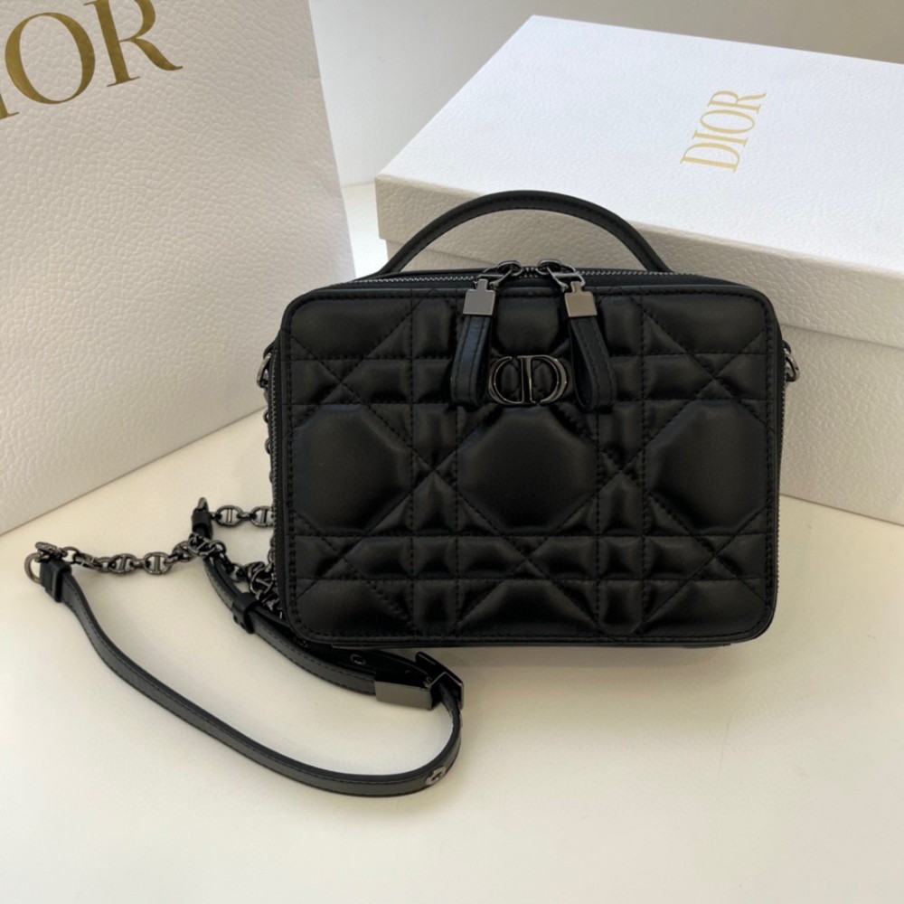 Dior Caro Box Bag with Chain in Black Macrocannage Calfskin LDBS240150