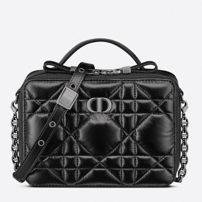 Dior Caro Box Bag with Chain in Black Macrocannage Calfskin LDBS240150