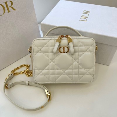 Dior Caro Box Bag with Chain in White Macrocannage Calfskin LDBS240151