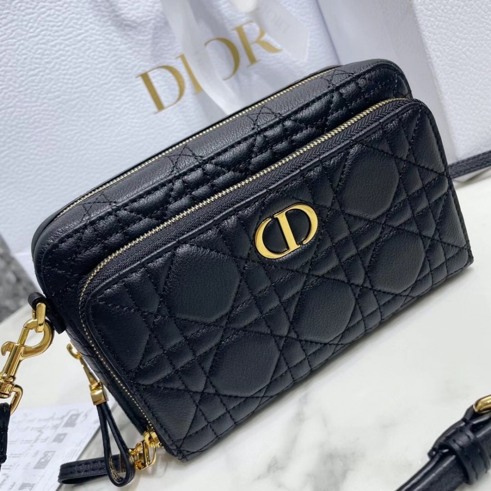 Dior Caro Double Pouch In Black Cannage Calfskin LDBS240154