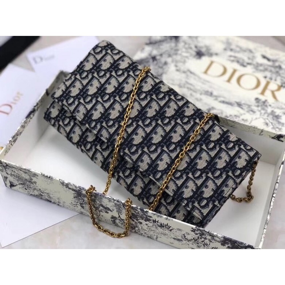 Dior Clutch Bag On Chain In Blue Oblique Canvas LDBS240183