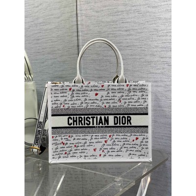 Dior Dioramour Medium Book Tote Bag with Strap in Je Vous Adore Embroidery and White Calfskin LDBS240211