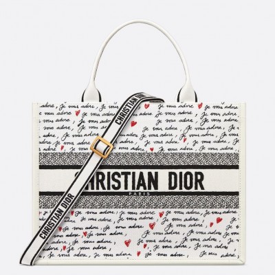 Dior Dioramour Medium Book Tote Bag with Strap in Je Vous Adore Embroidery and White Calfskin LDBS240211