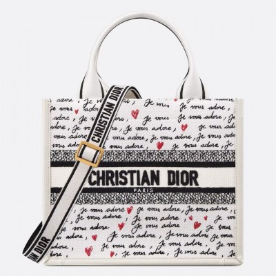 Dior Dioramour Small Book Tote Bag with Strap in Je Vous Adore Embroidery and White Calfskin LDBS240212