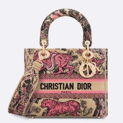 Dior Dioriviera Lady D-Lite Medium Bag in Raffia with Pink Toile de Jouy Sauvage Embroidery LDBS240226