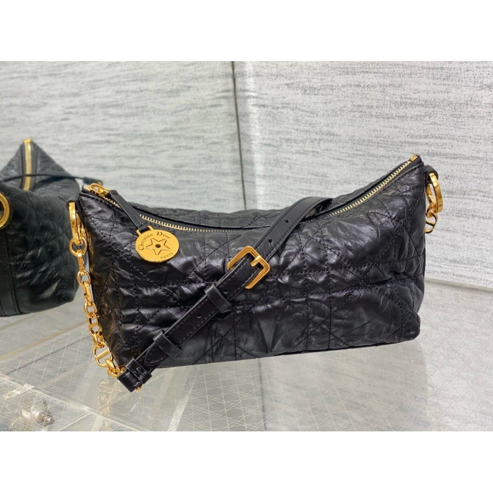 Dior Diorstar Hobo Bag with Chain in Black Crinkled Calfskin LDBS240229