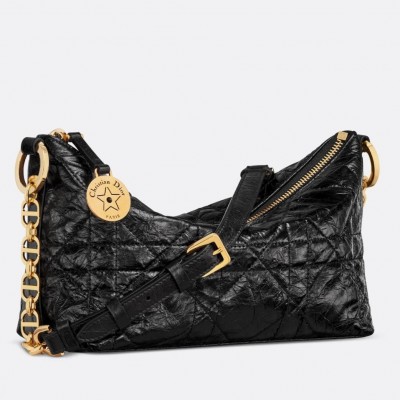 Dior Diorstar Hobo Bag with Chain in Black Crinkled Calfskin LDBS240229