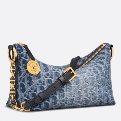 Dior Diorstar Hobo Bag with Chain in Blue Denim Oblique Jacquard LDBS240230