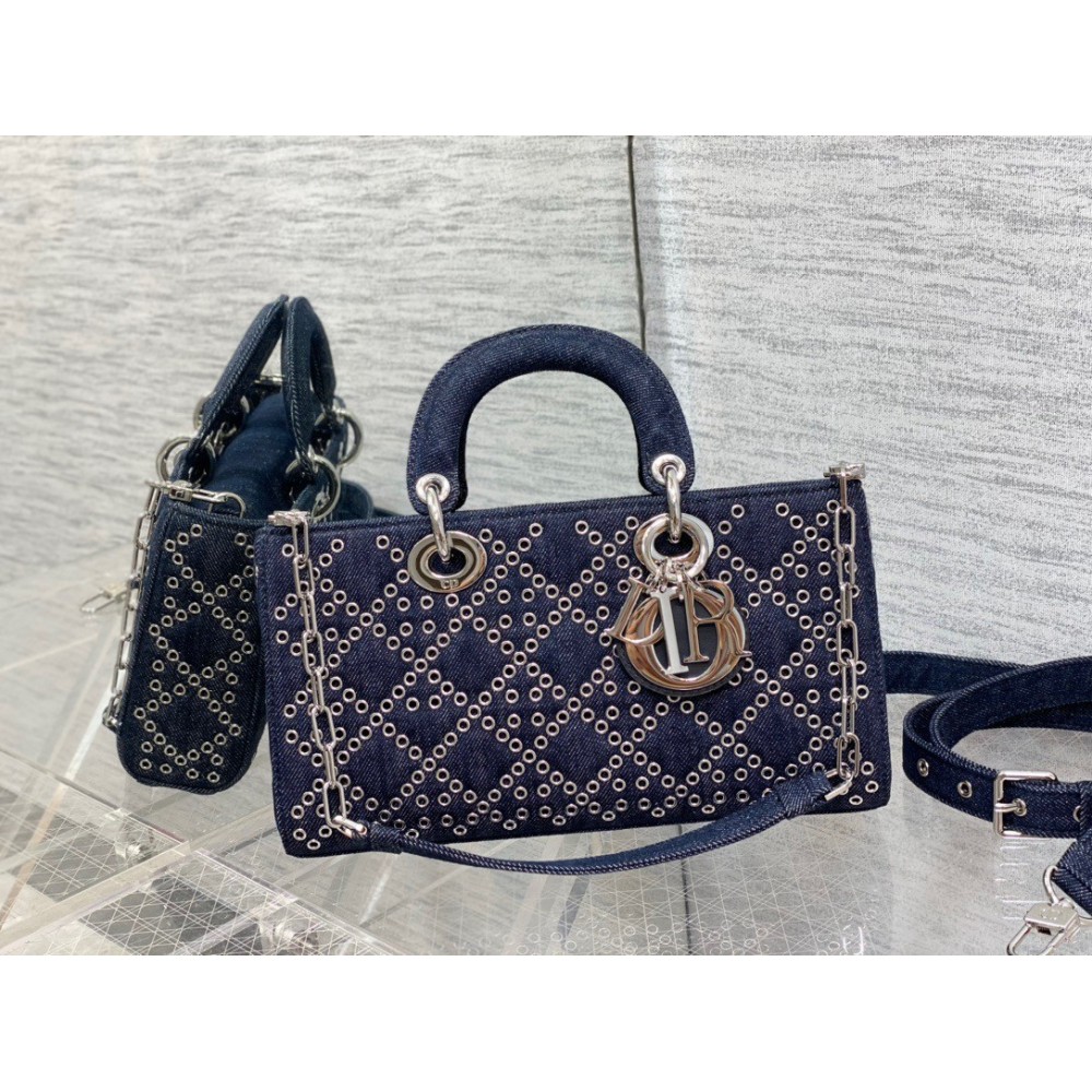 Dior Lady D-Joy Bag In Eyelet Blue Cannage Denim LDBS240315