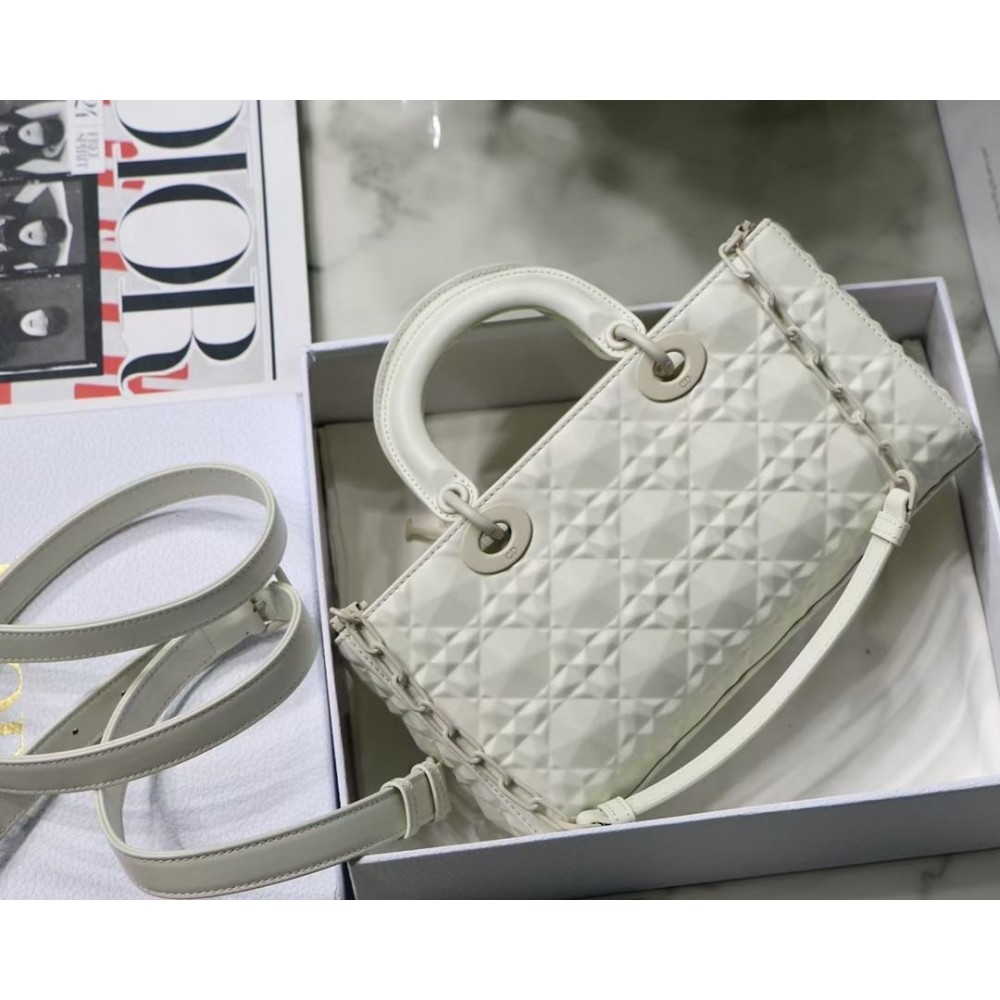 Dior Lady D-Joy Bag In White Calfskin with Diamond Motif LDBS240319