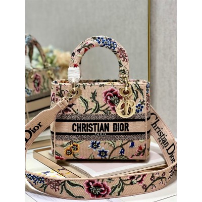 Dior Lady D-Lite Medium Bag In Beige Raffia Embroidered with Dior Petites Fleurs LDBS240340