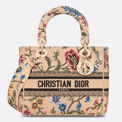 Dior Lady D-Lite Medium Bag In Beige Raffia Embroidered with Dior Petites Fleurs LDBS240340