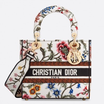 Dior Lady D-Lite Medium Bag In White Dior Petites Fleurs Embroidery LDBS240346