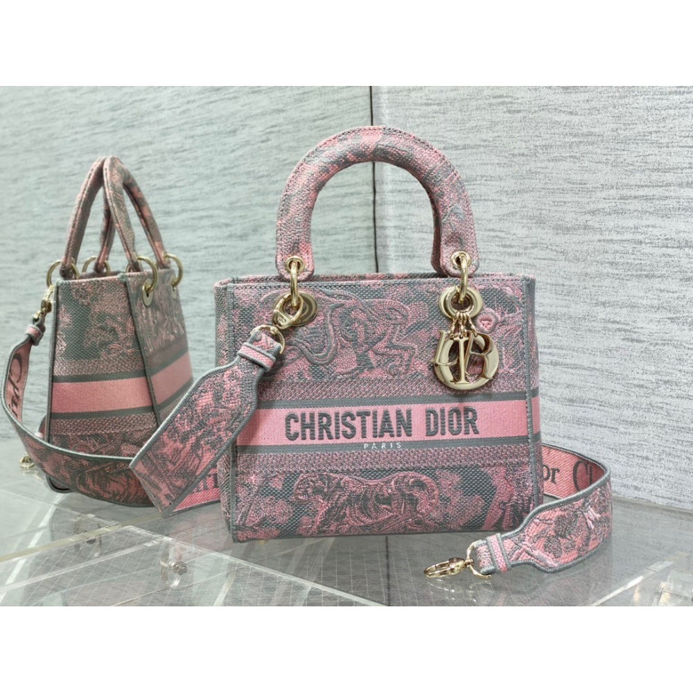 Dior Lady D-Lite Medium Bag in Grey and Pink Toile de Jouy Reverse Embroidery LDBS240343