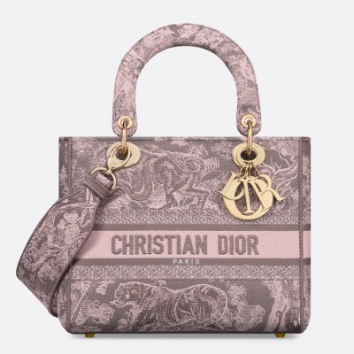 Dior Lady D-Lite Medium Bag in Grey and Pink Toile de Jouy Reverse Embroidery LDBS240343