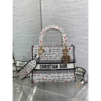 Dior Lady D-Lite Medium Bag in White and Red Je Vous Adore Motif LDBS240345