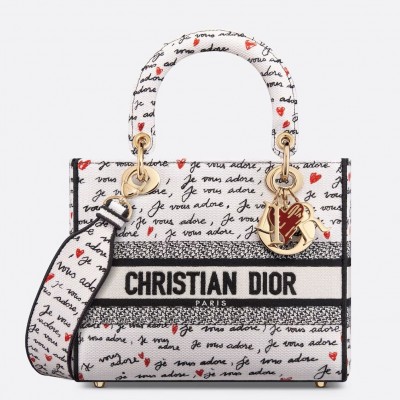 Dior Lady D-Lite Medium Bag in White and Red Je Vous Adore Motif LDBS240345