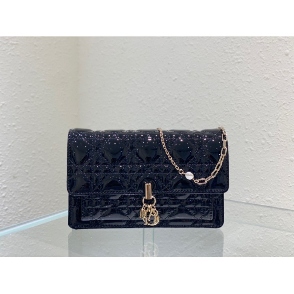 Dior Lady Dior Chain Pouch In Black Patent Calfskin LDBS240267