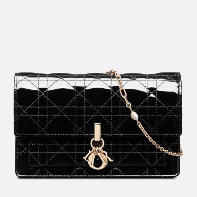 Dior Lady Dior Chain Pouch In Black Patent Calfskin LDBS240267