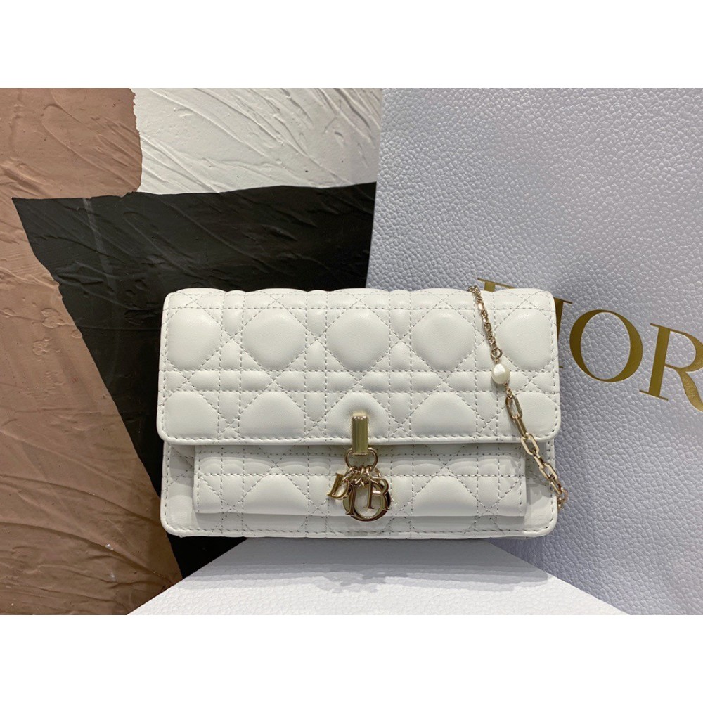 Dior Lady Dior Chain Pouch In White Cannage Lambskin LDBS240269