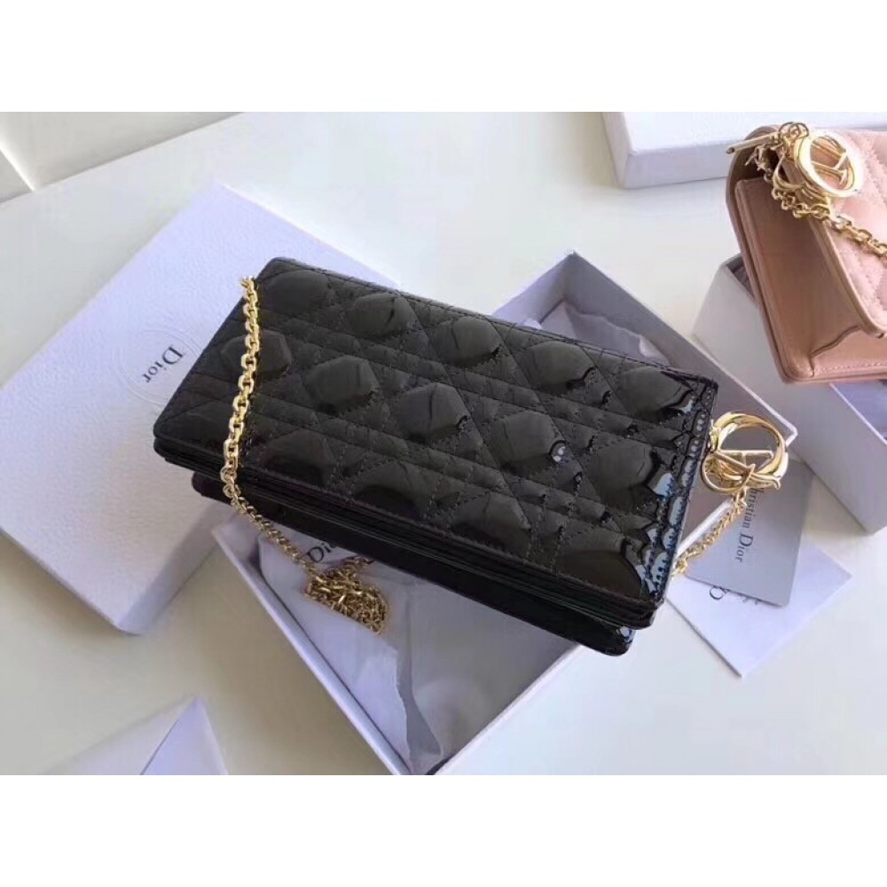 Dior Lady Dior Clutch With Chain In Black Patent LDBS240271