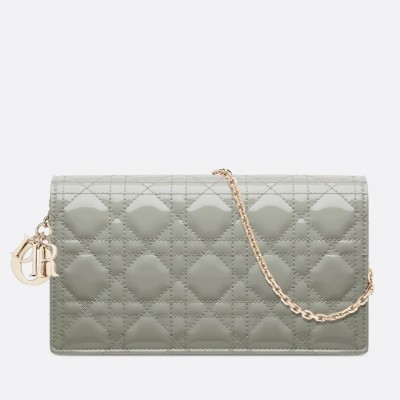 Dior Lady Dior Clutch With Chain In Grey Patent Leather LDBS240274