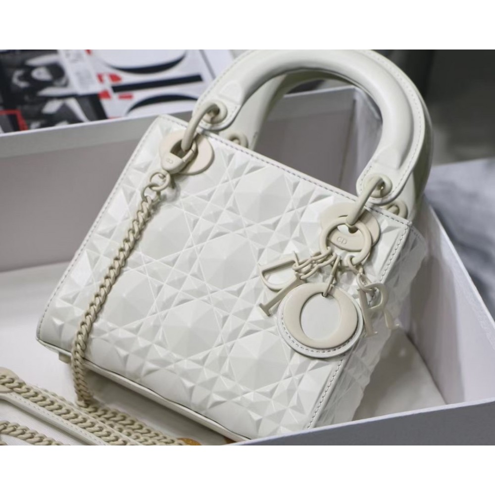 Dior Lady Dior Mini Bag In White Calfskin with Diamond Motif LDBS240287