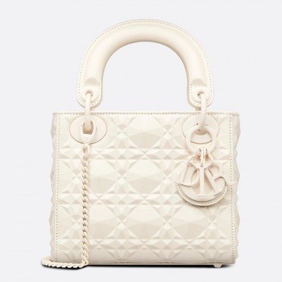 Dior Lady Dior Mini Bag In White Calfskin with Diamond Motif LDBS240287