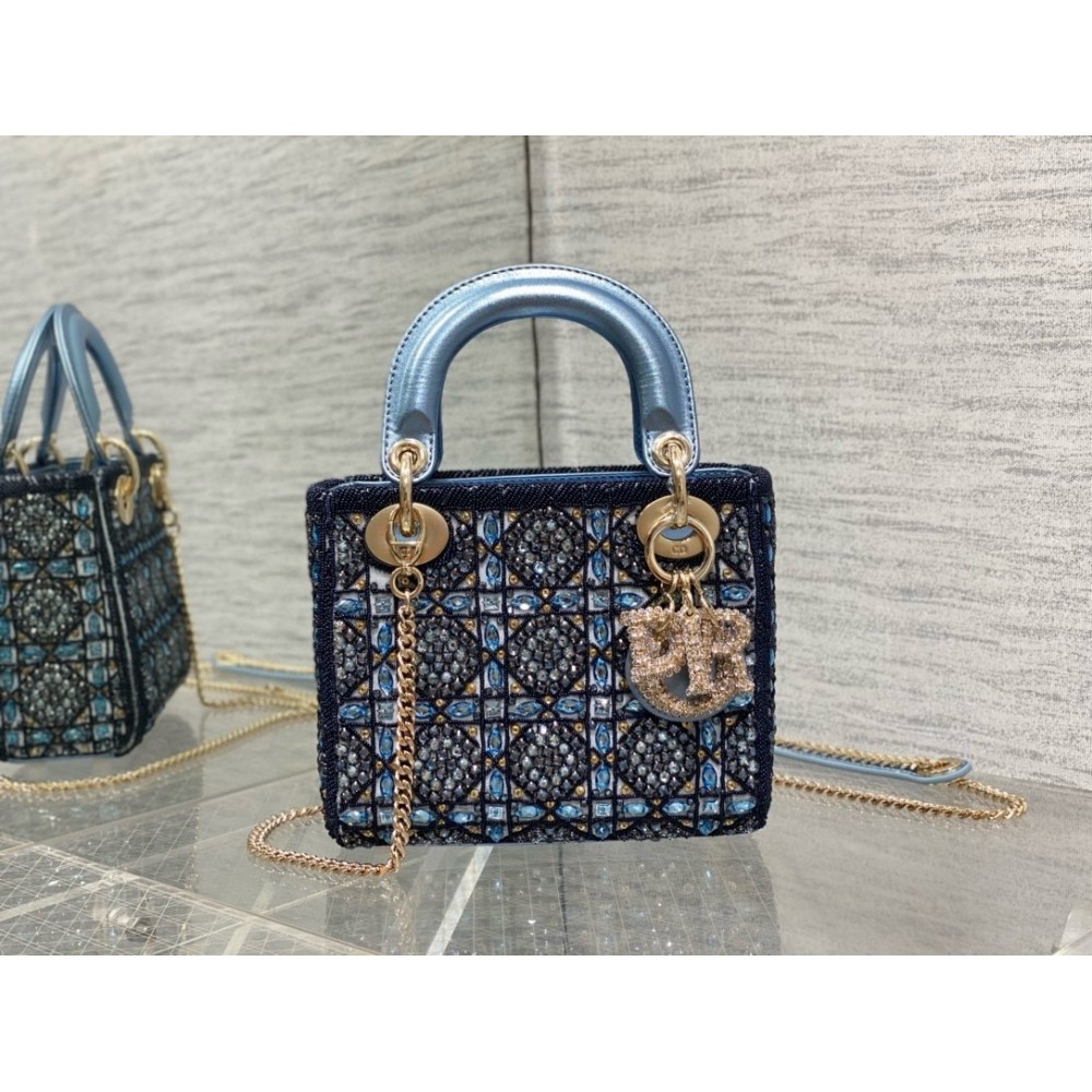 Dior Lady Dior Mini Chain Bag in Satin with Blue Bead Embroidery LDBS240291