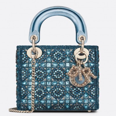 Dior Lady Dior Mini Chain Bag in Satin with Blue Bead Embroidery LDBS240291