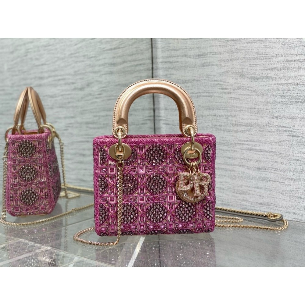 Dior Lady Dior Mini Chain Bag in Satin with Pink Resin Pearl Embroidery LDBS240292