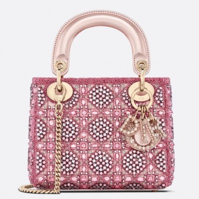 Dior Lady Dior Mini Chain Bag in Satin with Pink Resin Pearl Embroidery LDBS240292