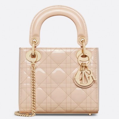 Dior Lady Dior Mini Chain Bag with Chain in Aesthetic Beige Patent Calfskin LDBS240294