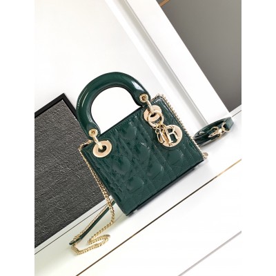 Dior Lady Dior Mini Chain Bag with Chain in Green Patent Calfskin LDBS240295