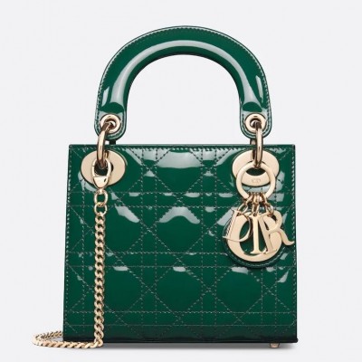 Dior Lady Dior Mini Chain Bag with Chain in Green Patent Calfskin LDBS240295