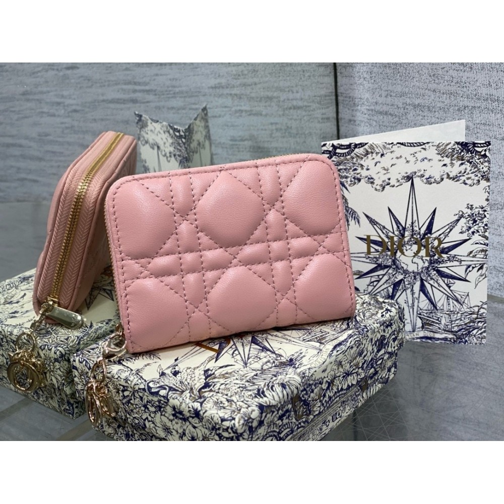 Dior Lady Dior Voyageur Small Coin Purse in Pink Lambskin LDBS240310