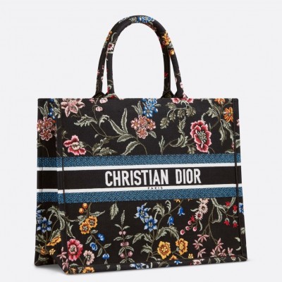 Dior Large Book Tote Bag In Black Dior Petites Fleurs Embroidery LDBS240354