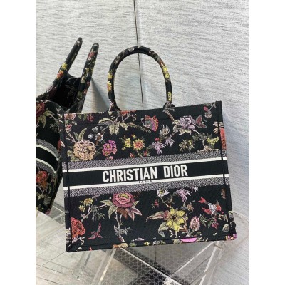 Dior Large Book Tote Bag In Black Multicolor Jardin Botanique Embroidery LDBS240355