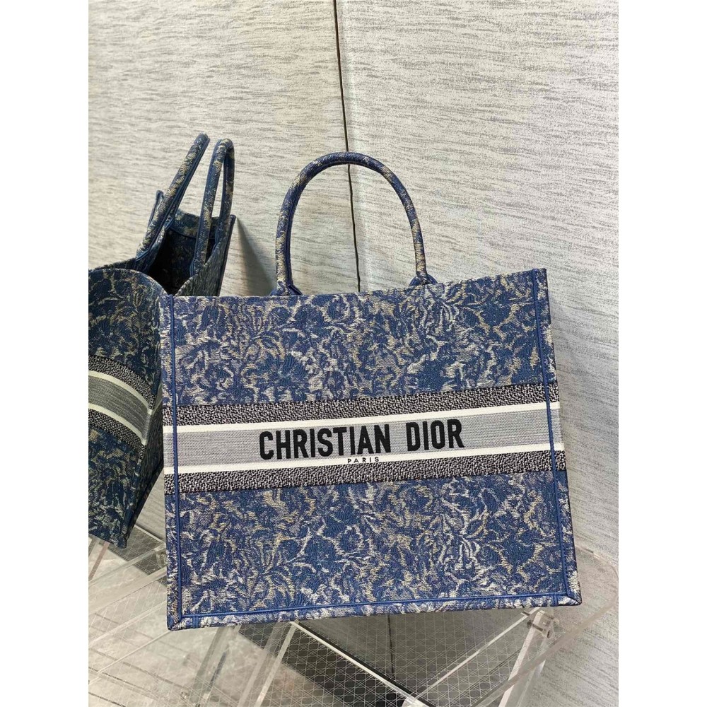 Dior Large Book Tote Bag In Blue Brocart Denim-Effect Embroidery LDBS240357