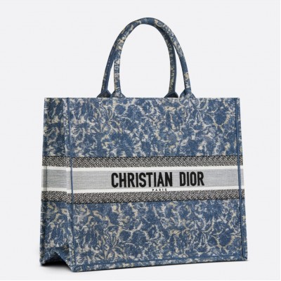 Dior Large Book Tote Bag In Blue Brocart Denim-Effect Embroidery LDBS240357