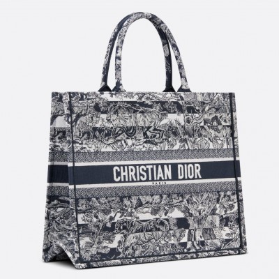 Dior Large Book Tote Bag In Blue Toile de Jouy Stripes Embroidery LDBS240359