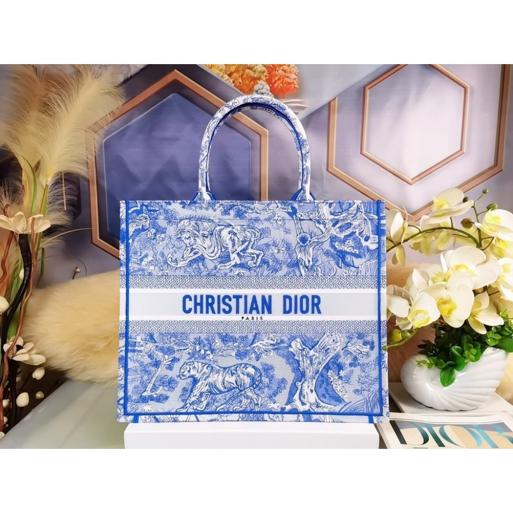 Dior Large Book Tote Bag In Blue Transparent Toile de Jouy Canvas LDBS240360