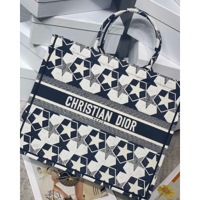 Dior Large Book Tote Bag In Blue and White Dior Etoile Embroidery LDBS240356