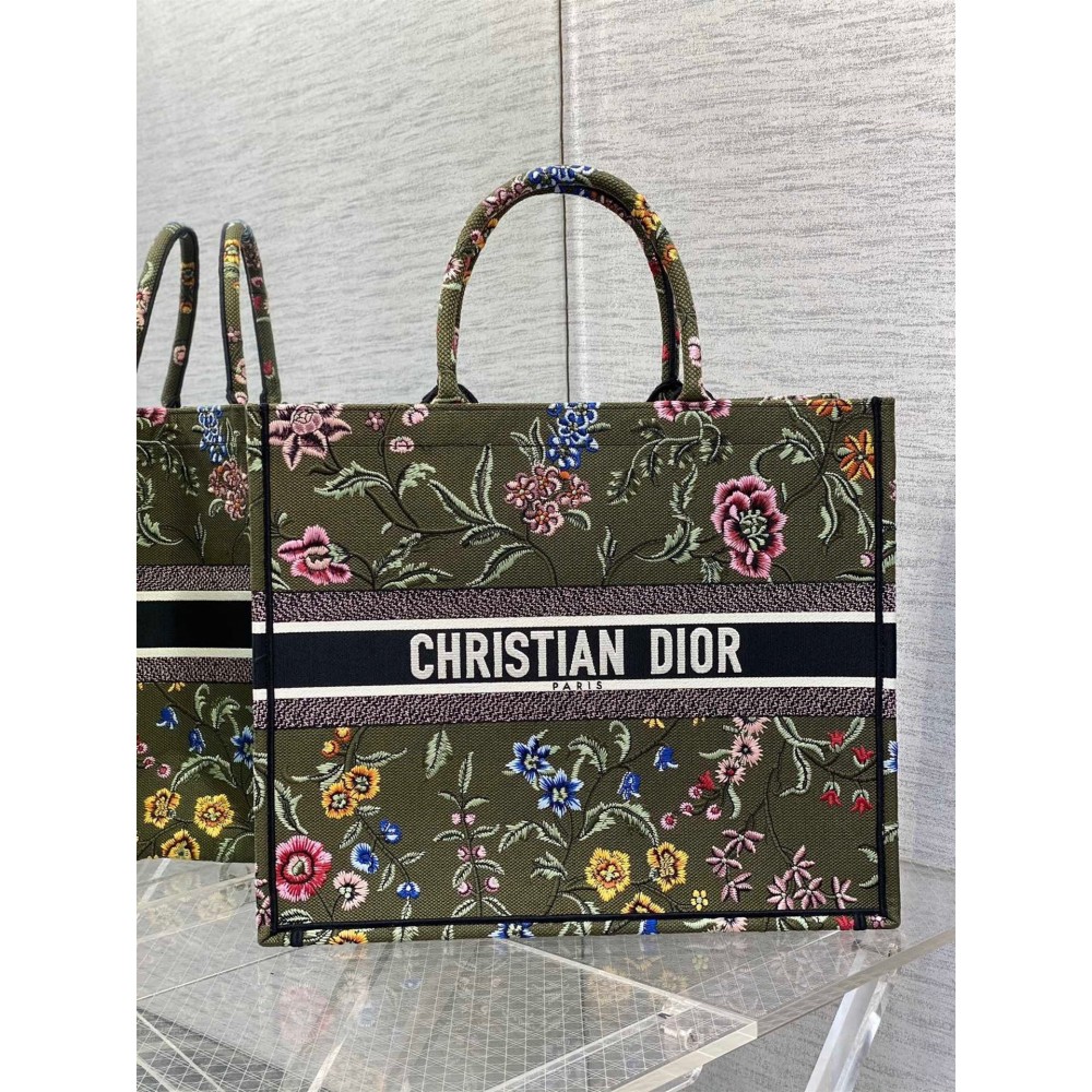 Dior Large Book Tote Bag In Green Dior Petites Fleurs Embroidery LDBS240364